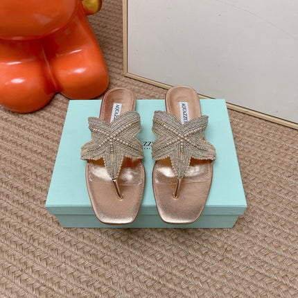 AQUAZZURA 26S STARFISH BEADED THONG SANDALS IN ROSE GOLD LAMBSKIN