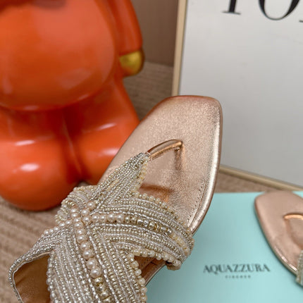 AQUAZZURA 26S STARFISH BEADED THONG SANDALS IN ROSE GOLD LAMBSKIN