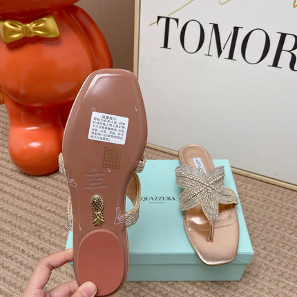 AQUAZZURA 26S STARFISH BEADED THONG SANDALS IN ROSE GOLD LAMBSKIN