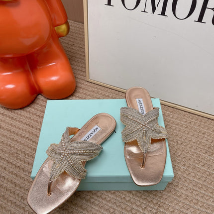 AQUAZZURA 26S STARFISH BEADED THONG SANDALS IN ROSE GOLD LAMBSKIN