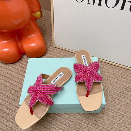 AQUAZZURA 26S STARFISH BEADED THONG SANDALS IN PINK AND BEIGE LAMBSKIN