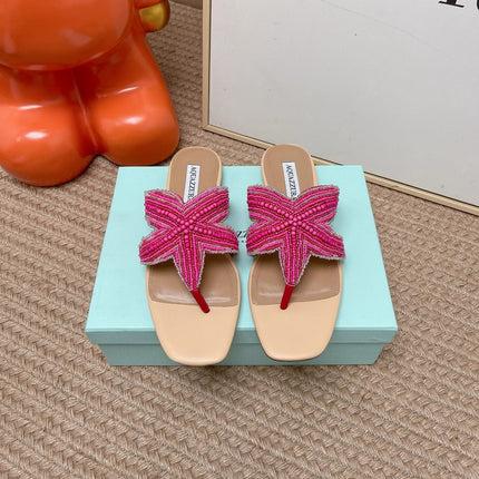 AQUAZZURA 26S STARFISH BEADED THONG SANDALS IN PINK AND BEIGE LAMBSKIN