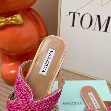 AQUAZZURA 26S STARFISH BEADED THONG SANDALS IN PINK AND BEIGE LAMBSKIN