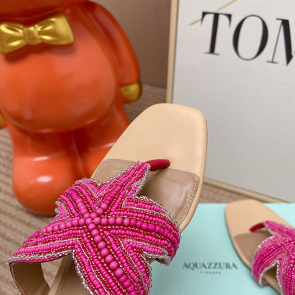 AQUAZZURA 26S STARFISH BEADED THONG SANDALS IN PINK AND BEIGE LAMBSKIN