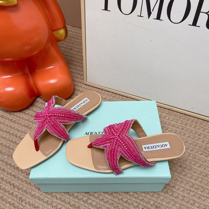 AQUAZZURA 26S STARFISH BEADED THONG SANDALS IN PINK AND BEIGE LAMBSKIN