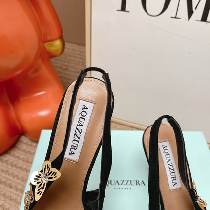 AQUAZZURA 26S BUTTERFLY SLINGBACK HEELS 80 MM IN BLACK MESH AND SUEDE