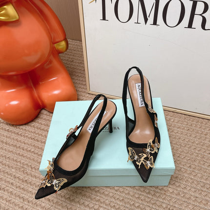 AQUAZZURA 26S BUTTERFLY SLINGBACK HEELS 80 MM IN BLACK MESH AND SUEDE