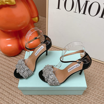 AQUAZZURA 26S HIGH-HEEL SANDALS 85 MM IN BLACK SUEDE & CRYSTALS