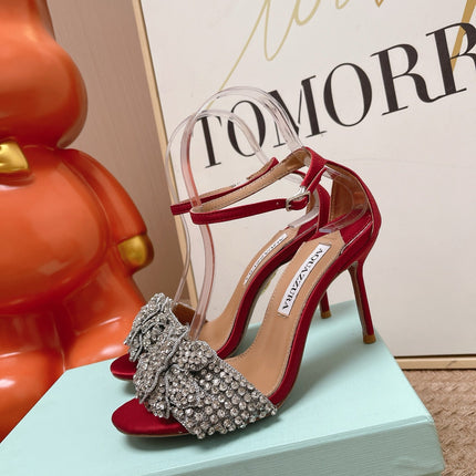 AQUAZZURA 26S HIGH-HEEL SANDALS 85 MM IN RED SATIN & CRYSTALS