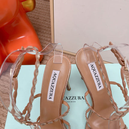 AQUAZZURA 26S HIGH HEELS 100 MM IN ROSE GOLD LAMBSKIN CRYSTAL EMBELLISHED