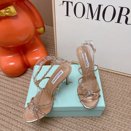 AQUAZZURA 26S HIGH HEELS 100 MM IN ROSE GOLD LAMBSKIN CRYSTAL EMBELLISHED