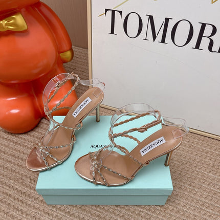AQUAZZURA 26S HIGH HEELS 100 MM IN ROSE GOLD LAMBSKIN CRYSTAL EMBELLISHED
