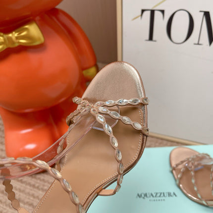 AQUAZZURA 26S HIGH HEELS 100 MM IN ROSE GOLD LAMBSKIN CRYSTAL EMBELLISHED