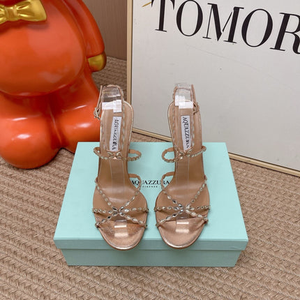 AQUAZZURA 26S HIGH HEELS 100 MM IN ROSE GOLD LAMBSKIN CRYSTAL EMBELLISHED
