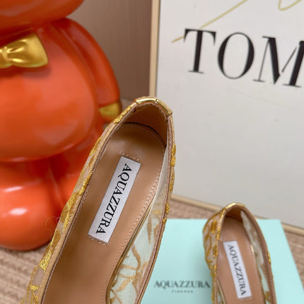 AQUAZZURA 26S HIGH HEELS IN GOLD AND BEIGE FLORAL EMBROIDERED MESH