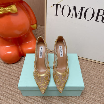 AQUAZZURA 26S HIGH HEELS IN GOLD AND BEIGE FLORAL EMBROIDERED MESH
