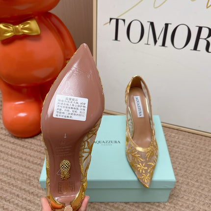 AQUAZZURA 26S HIGH HEELS IN GOLD AND BEIGE FLORAL EMBROIDERED MESH