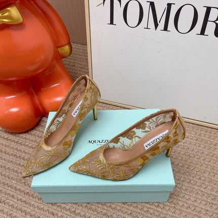 AQUAZZURA 26S HIGH HEELS IN GOLD AND BEIGE FLORAL EMBROIDERED MESH