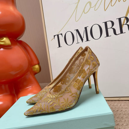 AQUAZZURA 26S HIGH HEELS IN GOLD AND BEIGE FLORAL EMBROIDERED MESH