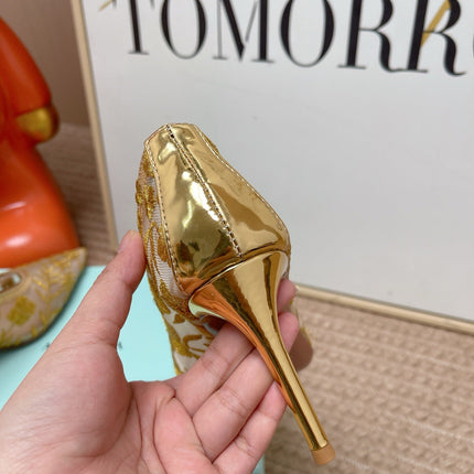 AQUAZZURA 26S HIGH HEELS IN GOLD AND BEIGE FLORAL EMBROIDERED MESH