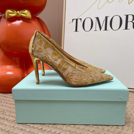 AQUAZZURA 26S HIGH HEELS IN GOLD AND BEIGE FLORAL EMBROIDERED MESH