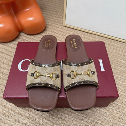 GUCCI 26S SLIDE SANDAL IN BEIGE CANVAS AND BROWN LEATHER