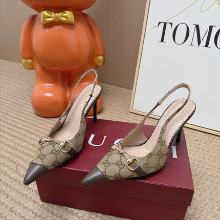 GUCCI 26S SLINGBACK HEELS 105 MM IN BEIGE CANVAS MIX BROWN LAMBSKIN