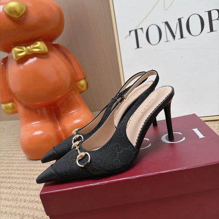 GUCCI 26S SLINGBACK HEELS 105 MM IN BLACK CANVAS MIX LAMBSKIN