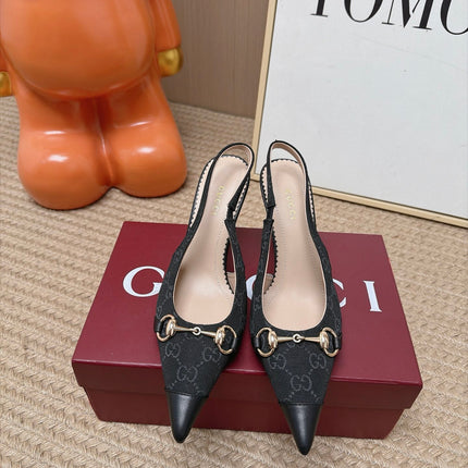GUCCI 26S SLINGBACK HEELS 105 MM IN BLACK CANVAS MIX LAMBSKIN