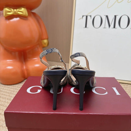 GUCCI 26S SLINGBACK HEELS 105 MM IN GREY CANVAS MIX NAVY BLUE LAMBSKIN