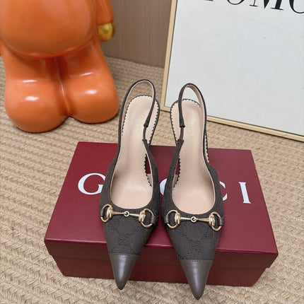 GUCCI 26S SLINGBACK HEELS 105 MM IN DARK BROWN CANVAS MIX LAMBSKIN