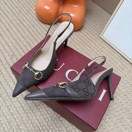 GUCCI 26S SLINGBACK HEELS 105 MM IN DARK BROWN CANVAS MIX LAMBSKIN