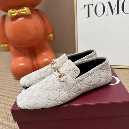 GUCCI 26S LOAFERS IN OFF WHITE GG EMBOSSED SUEDE