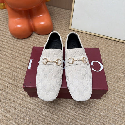 GUCCI 26S LOAFERS IN OFF WHITE GG EMBOSSED SUEDE