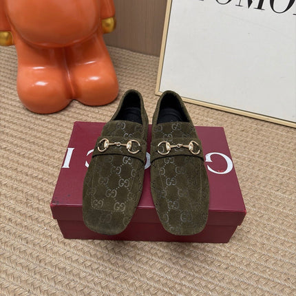 GUCCI 26S LOAFERS IN OLIVE GREEN GG EMBOSSED SUEDE