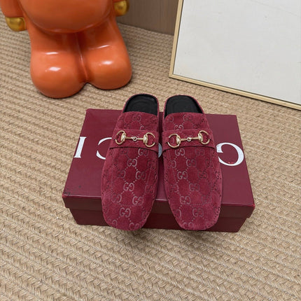 GUCCI 26S FLAT MULES IN DARK RED GG EMBOSSED SUEDE