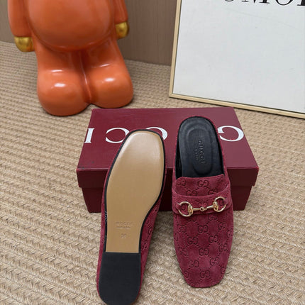 GUCCI 26S FLAT MULES IN DARK RED GG EMBOSSED SUEDE