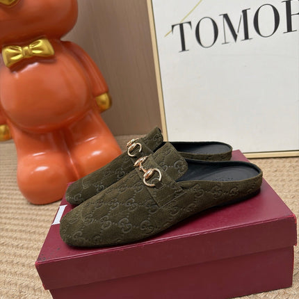GUCCI 26S FLAT MULES IN OLIVE GREEN GG EMBOSSED SUEDE