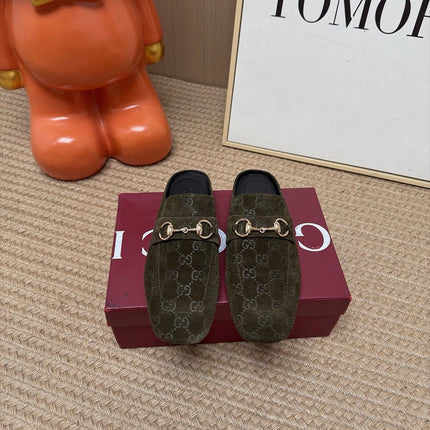 GUCCI 26S FLAT MULES IN OLIVE GREEN GG EMBOSSED SUEDE