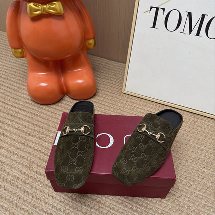 GUCCI 26S FLAT MULES IN OLIVE GREEN GG EMBOSSED SUEDE