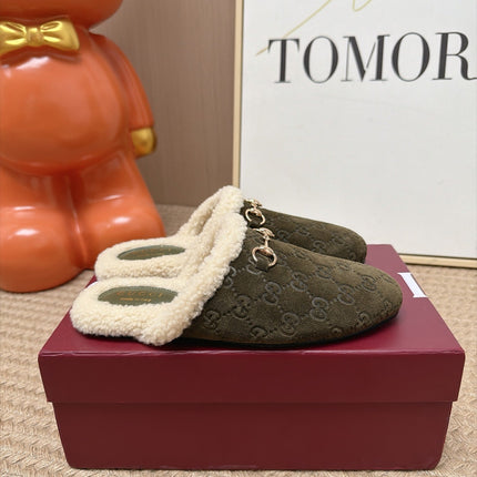 GUCCI 26S SHEARLING-LINED MULES IN OLIVE GREEN SUEDE