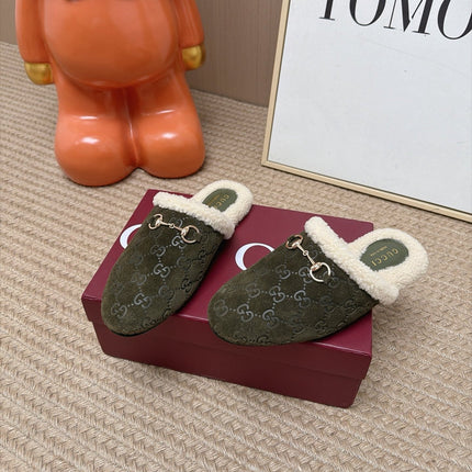 GUCCI 26S SHEARLING-LINED MULES IN OLIVE GREEN SUEDE