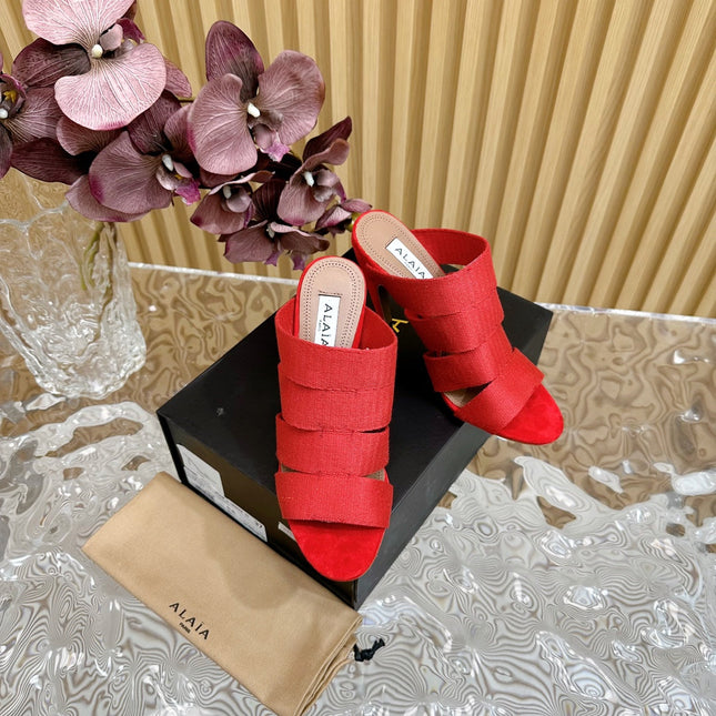 ALAIA ELASTIC CAGE MULE SANDALS IN CHERRY RED WOVEN STRAP AND LAMBSKIN