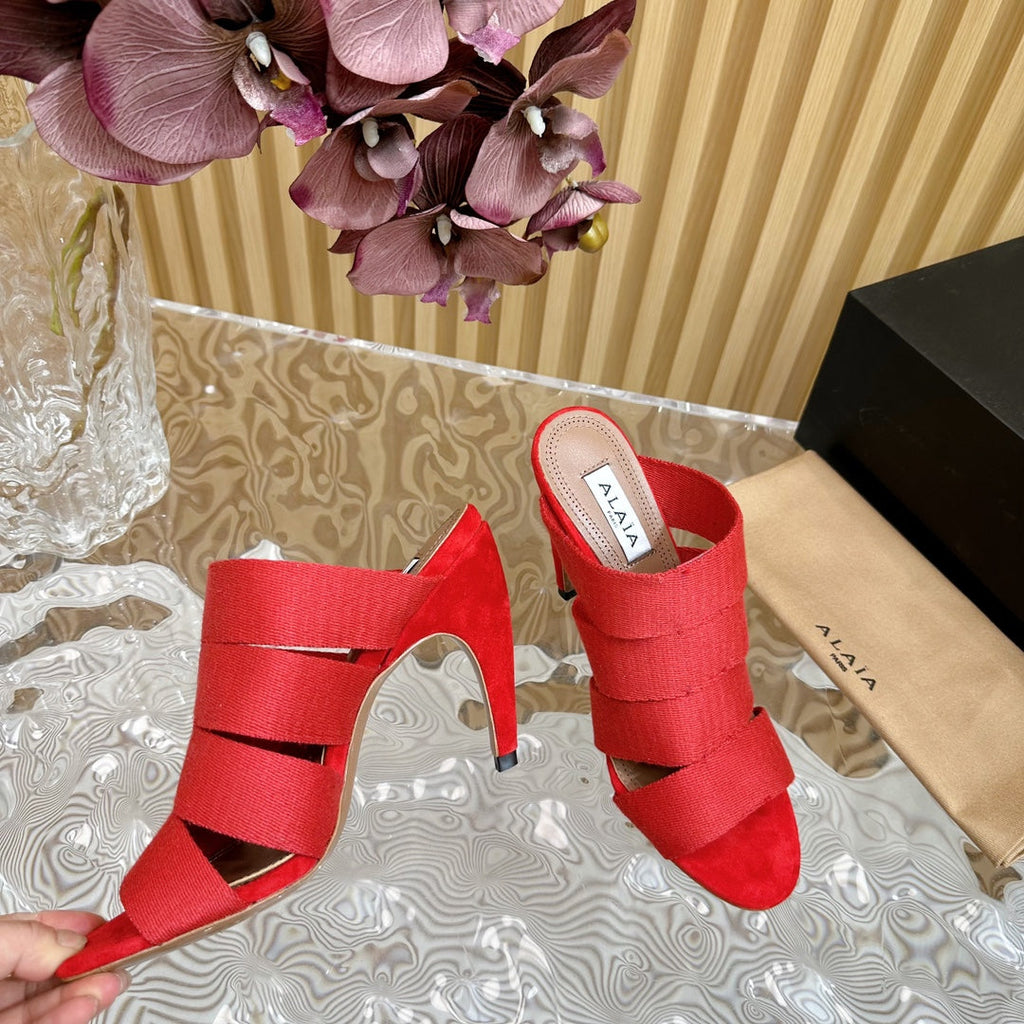 ALAIA ELASTIC CAGE MULE SANDALS IN CHERRY RED WOVEN STRAP AND LAMBSKIN