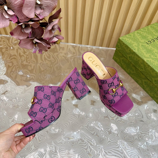 HORSEBIT SLIDE SANDAL IN VIOLET MONOGRAM CANVAS AND SHEEPSKIN LINING