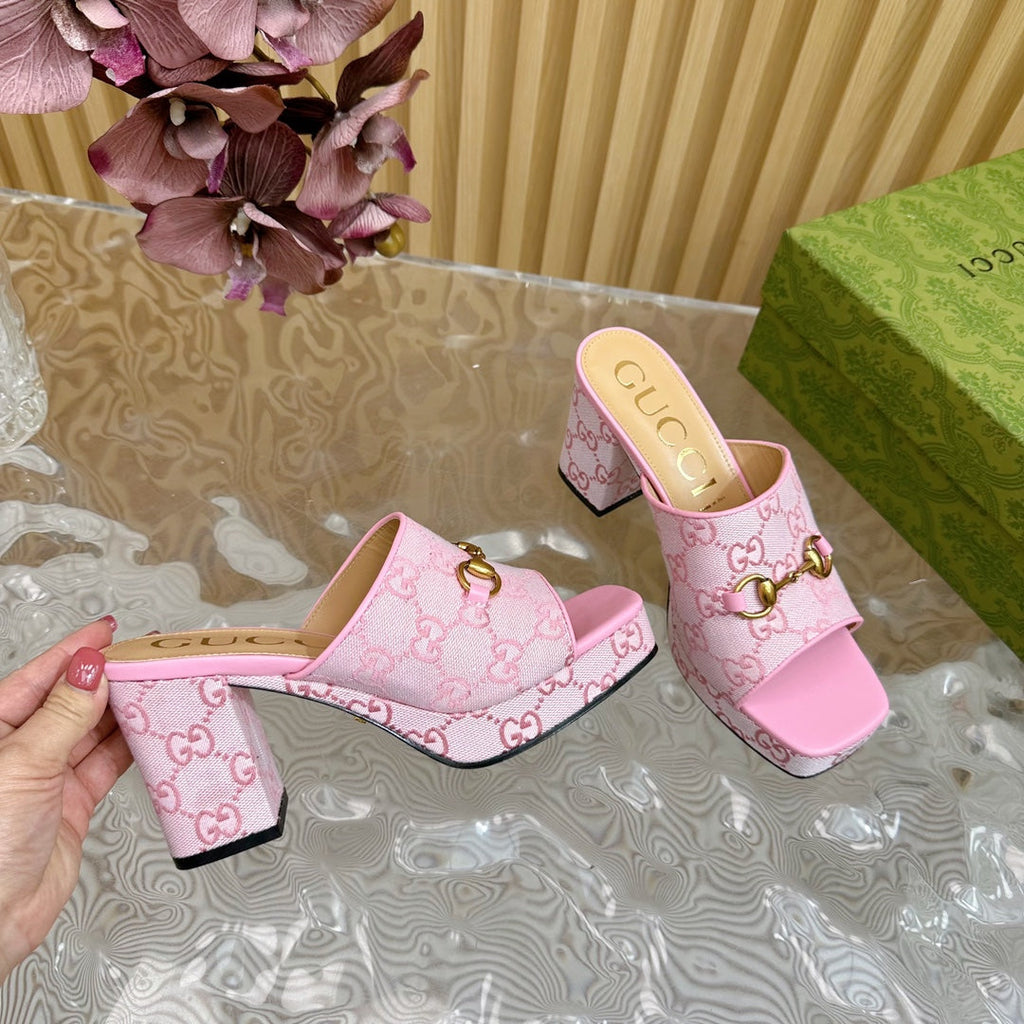 HORSEBIT SLIDE SANDAL IN PINK MONOGRAM CANVAS AND SHEEPSKIN LINING