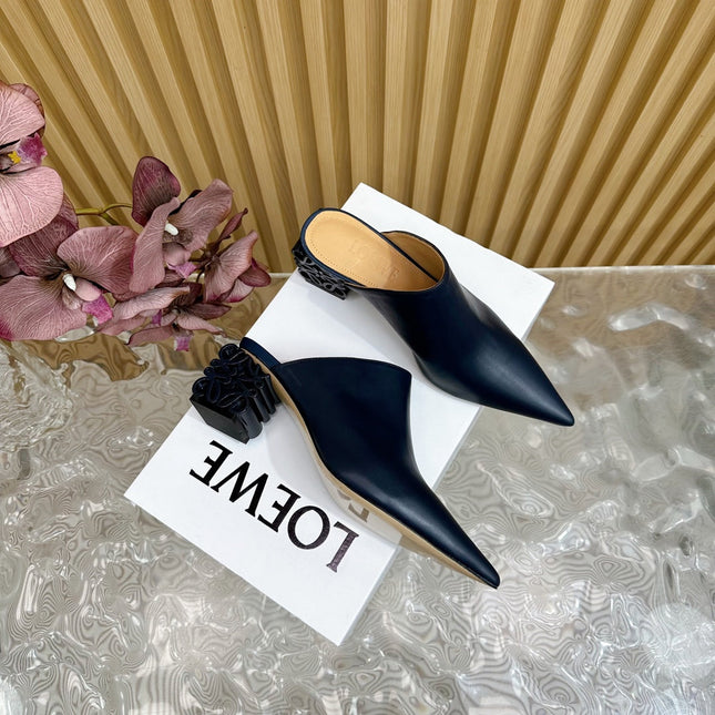 LOEWE 26S POINTED MULE PUMPS 45MM IN BLUE BLACK CALFSKIN WITH ANAGRAM HEEL