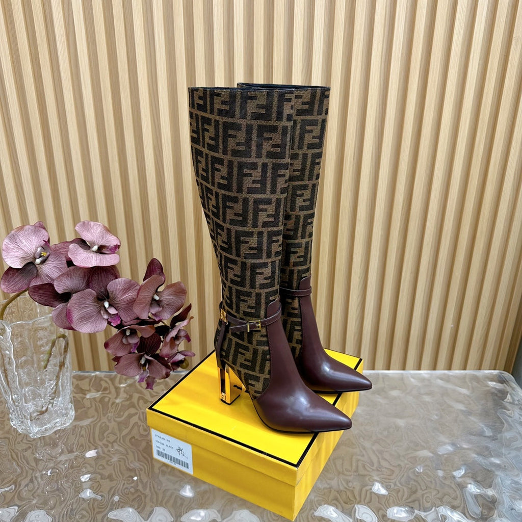 FF BOOTIES HIGH BOOTS IN SANGRIA PURPLE CALFSKIN AND MEDIUM BROWN MONOGRAM FF FABRIC
