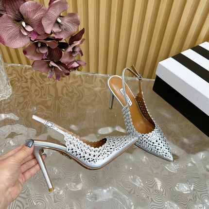 AQUAZZURA 26S SLINGBACK PUMPS 105 MM IN SILVER CALFSKIN WITH CRYSTAL