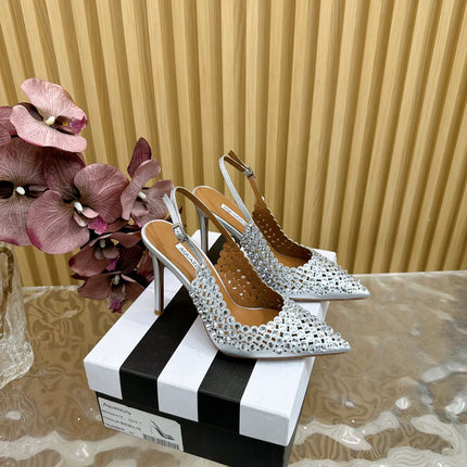 AQUAZZURA 26S SLINGBACK PUMPS 105 MM IN SILVER CALFSKIN WITH CRYSTAL